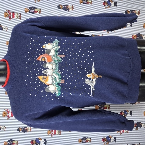 Vintage Morning Sun birds nest Holiday Christmas XL navy blue & red sweatshirt - Picture 2 of 7
